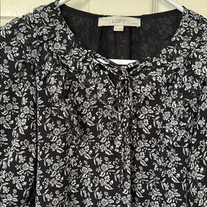 LOFT Black and White Tie Front Blouse with Bib Collar